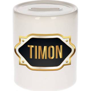 👉 Spaarpot gouden mannen Naam cadeau Timon met embleem