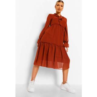 👉 Gesmokte Dobby Mesh Midi Jurk Met Laagjes En Strik, Rust