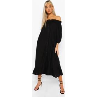 👉 Tall Geweven Midi Jurk Met Uitgesneden Hals, Knopen En Ruches, Black