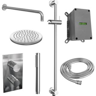 👉 Regendouche set chroom messing thermostatisch Chrome Edition bouw knop keramisch rond Inbouw Brauer Gebogen Wanduitloop Ronde Hoofddouche 20 cm Met Glijstang 8720289623531