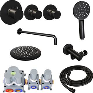 👉 Regendouche set zwart mat messing thermostatisch black edition bouw knop keramisch rond Inbouw Brauer Gebogen Wanduitloop Ronde Hoofddouche 20 cm Met Twee Stopkranen en Handdouche 3 Standen 8720289623890