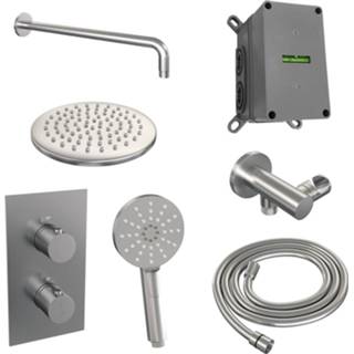 👉 Regendouche set RVS look messing thermostatisch Brushed Edition bouw knop keramisch rond Inbouw Brauer Gebogen Wanduitloop Ronde Hoofddouche 20 cm Met Handdouche 3 Standen 8720289624033