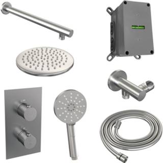 👉 Regendouche set RVS look messing thermostatisch Brushed Edition bouw knop keramisch rond Inbouw Brauer Wanduitloop Ronde Hoofddouche 20 cm Met Handdouche 3 Standen 8720289624019