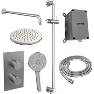 👉 Regendouche set RVS look messing thermostatisch Brushed Edition bouw knop keramisch rond Inbouw Brauer Gebogen Wanduitloop Ronde Hoofddouche 20 cm Met Handdouche 3 Standen en Glijstang 8720289624156