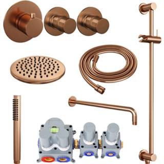 👉 Regendouche set koper messing thermostatisch Copper Edition bouw knop keramisch rond Inbouw Brauer Gebogen Wanduitloop Ronde Hoofddouche 20 cm Met Twee Stopkranen en Glijstang 8720289624552