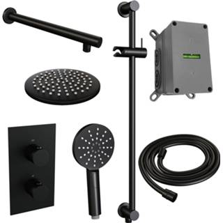 👉 Regendouche set zwart mat messing thermostatisch black edition bouw knop keramisch rond Inbouw Brauer Wanduitloop Ronde Hoofddouche 20 cm Met Glijstang en Handdouche 3 Standen 8720289623814