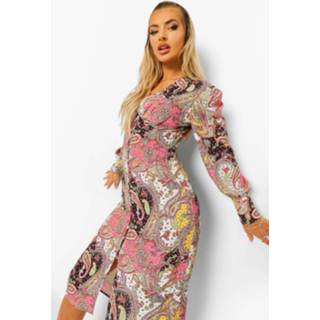 👉 Paisley Midi Jurk Met Knoop Detail, Pink
