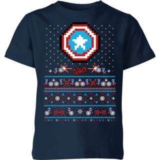 👉 Shirt unisex Navy Blauw XS kinderen Marvel Avengers Captain America Pixel Art Kinder T-Shirt - 98/104 (3-4 jaar) 5059478424394