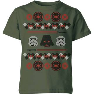 👉 Shirt Forest Green XS unisex kinderen donkergroen Star Wars Empire Knit Kids' Christmas T-Shirt - 98/104 (3-4 jaar) 5059478641753
