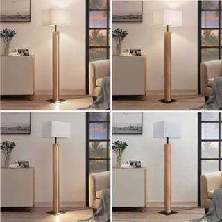 👉 Stoffen vloerlamp Garry met houten montuur, hoekig