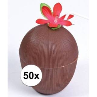 👉 Drinkbeker multi kunststof 50x Hawaii thema kokosnoot drinkbekers