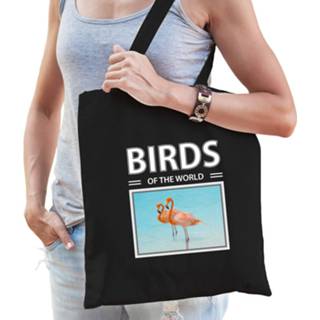 👉 Boodschappennetje zwart kinderen Flamingo tasje volwassenen en - birds of the world kado boodschappen tas