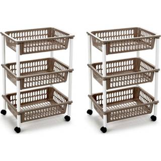 👉 Mand wit mannen 2x stuks opberg trolley/roltafel/organizer met 3 manden 40 x 30 61,5 cm wit/taupe