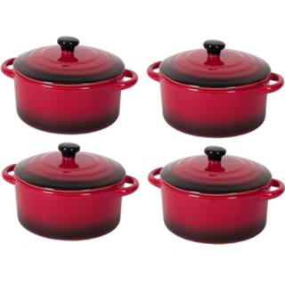 👉 Pan rode zwarte 4x Keramieken rode/zwarte mini pannetje/stoofpotjes Rougo 11 cm 800 ml