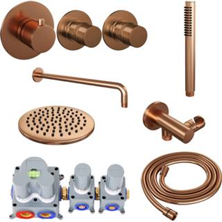 👉 Regendouche set koper messing thermostatisch Brushed Edition bouw knop keramisch rond Inbouw Brauer Copper Gebogen Wanduitloop Ronde Hoofddouche 20 cm Met Twee Stopkranen 8720289624514