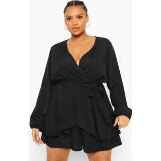 👉 Plus Wikkel Romper Met Lange Mouwen En Franjes, Black