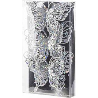 👉 Zilver 3x stuks decoratie vlinders op clip glitter 11 cm