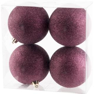 👉 Kerstbal roze kunststof 4x stuks glitter kerstballen aubergine 10 cm