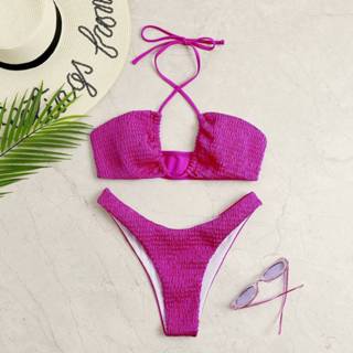 👉 Bikini nylon S M L fel roze Sexy Vlak sets Gesmokt