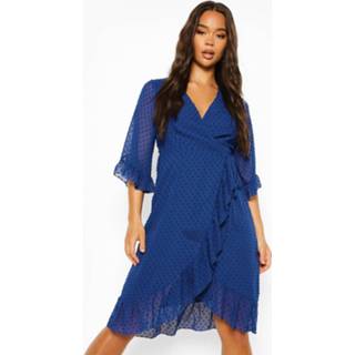 👉 Dobby Chiffon Midi Wikkel Jurk Met Wijde Mouwen, Cobalt