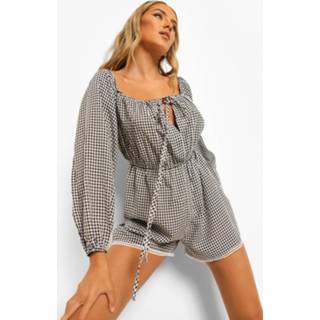 👉 Gingham Romper Met Pofmouwen, Uitsnijding En Laagjes, Black