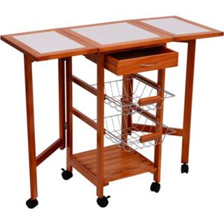 👉 Keukenwagentje houten active mannen Keukenwagen trolley met opbergplanken Tafel, 6 wielen en 2 metalen manden 4250871203635