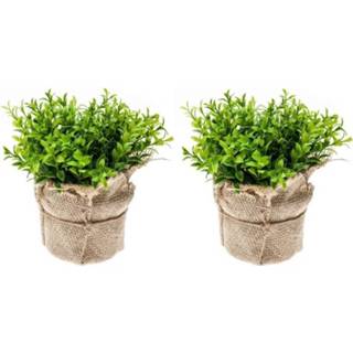 👉 2x Nep tuinkers kruiden plant groen in jute pot kunstplanten 16 cm