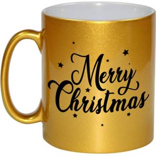 👉 Kerstmok goudkleurig keramiek One Size goud Cadeau Merry Christmas met sterren - 330 ml koffiemok / theebeker kerstcadeau kerstpakket 8720276739634