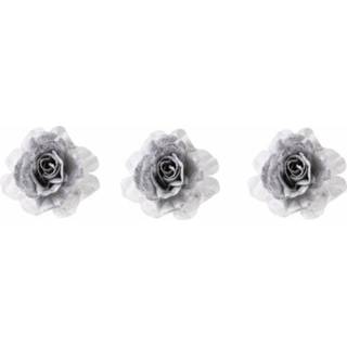 👉 Kerst versiering zilver active wit 3x Kerstversieringen kerstbloemen zilver/wit op clip