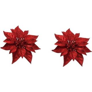 👉 Kerstster rode 2x Kerstboomversiering bloem op clip 18 cm