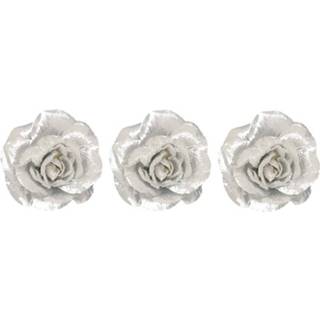 👉 Zilver active 3x Kerst hangdecoratie op clip bloempje/roosje 12 cm