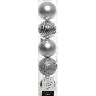 👉 Kerstbal zilver kunststof active 5x kerstballen mix 8 cm kerstboom versiering/decoratie