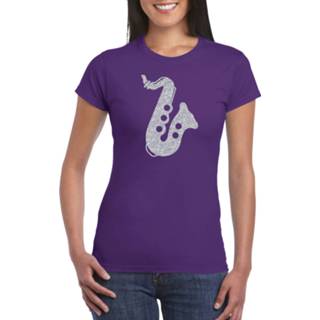 👉 Saxofoon zilveren active vrouwen paars muziek t-shirt voor dames - saxofonisten outfit