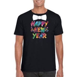 👉 Oud en nieuw t-shirt Happy New Year met vlinderdas zwart heren