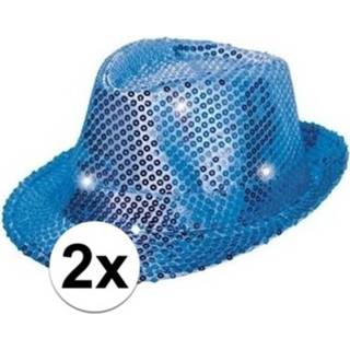 👉 2x Glitter hoeden blauw met LED verlichting
