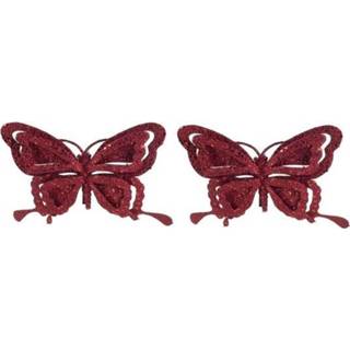 👉 Bordeaux 2x Kerst decoratie vlinders rood 14 x 10 cm