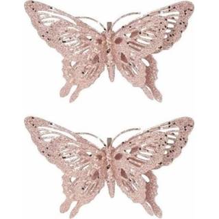 👉 Roze 2x glitter vlinder 15 cm op clip
