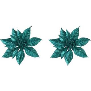 Groene 2x Kerstboomversiering op clip emerald bloem 15 cm