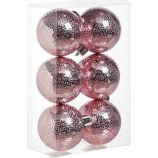 Kerstbal kunststof active roze 6x kerstballen cirkel motief 6 cm kerstboom versiering/decoratie
