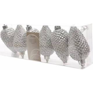 👉 Kerstbal zilver kunststof active 6x dennenappel kerstballen glitter 8 cm kerstboom versiering/decoratie