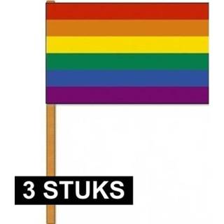 👉 Zwaaivlag houten active 3x Regenboog zwaaivlaggetje/handvlaggetje 30 x 45 cm met stok