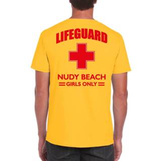 👉 Reddings brigade active meisjes mannen geel Carnaval reddingsbrigade/ lifeguard Nudy Beach girls only t-shirt / achter bedrukking heren