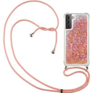 👉 Roze glitter backcover hoes Lunso - met koord Samsung Galaxy S21 9145425526528