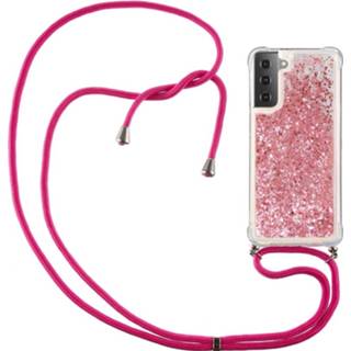 👉 Glitter Rose Goud backcover hoes Lunso - met koord Samsung Galaxy S21 Ultra 9145425526474