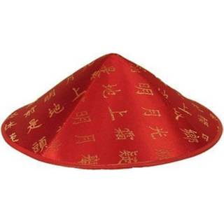 👉 Aziatisch/chinees hoedje rood met gouden tekens/letters volwassenen