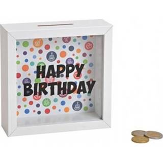 👉 Spaarpot witte houten glas volwassenen Happy Birthday met 15 cm