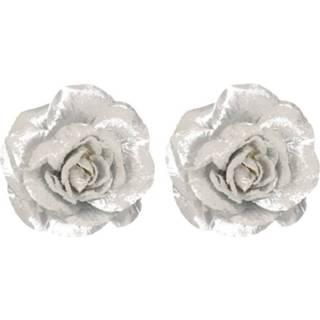 👉 Kerstversiering zilveren 2x roos clip decoratie 12 cm