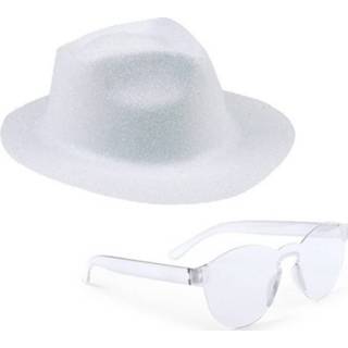 👉 Hoed wit transparante volwassenen Toppers - trilby glitter party hoedje met zonnebril