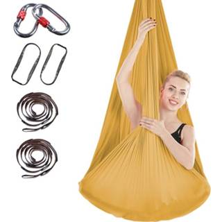 👉 Indoor anti-zwaartekracht yoga knoopvrije antenne yoga hangmat met gesp / verlengband, afmeting: 400x280cm (goud)