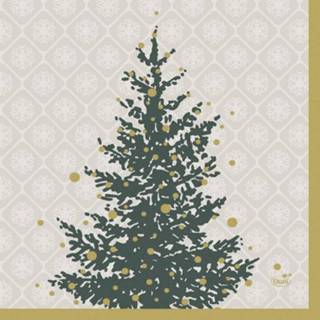 👉 Servet goud active grijs 60x Feest servetten Kerst grijs/goud met kerstboom print 33 x cm